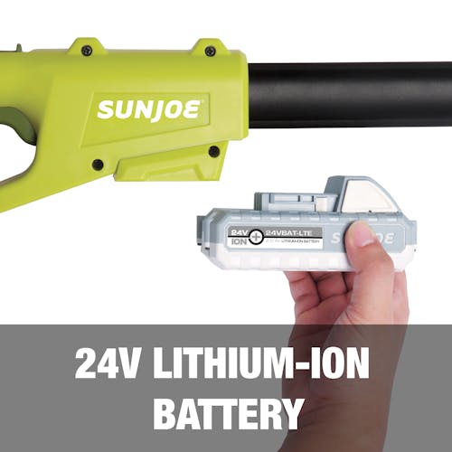 Person putting a 2.0-Ah lithium-ion battery onto the Sun Joe 24-volt cordless telescoping pole 8-inch chainsaw.