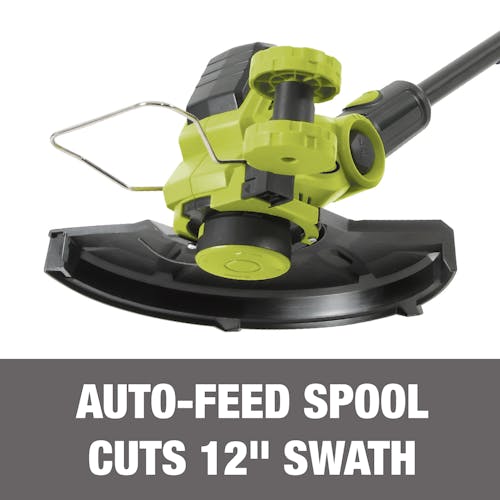 Auto-feed spool cuts 12-inch swath.