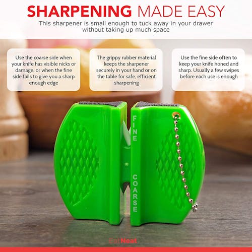 Infographic for the green knife sharpener explaining how to use it.