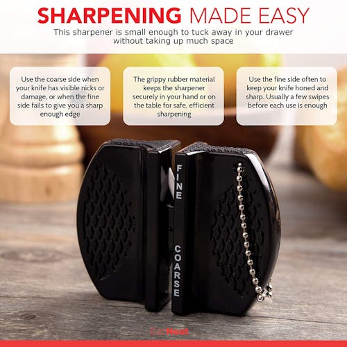 Infographic for the knife sharpener explaining how to use it.