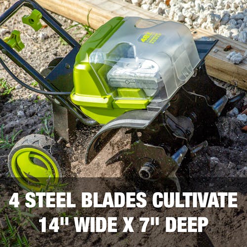 4 steel blades cultivate 14 inches wide and 7 inches deep.