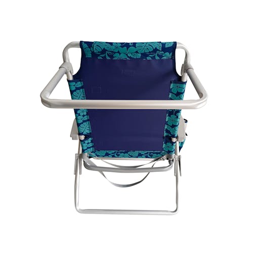 Rear view of the Bliss Hammocks Folding Blue Flower Beach Chair with Towel Rack.