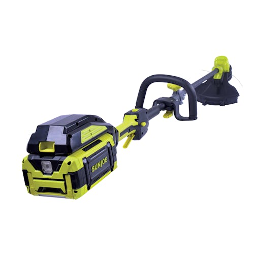 Top-angled view of the Sun Joe 100-volt 16-inch Cordless Brushless String Trimmer.