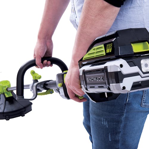 Person holding the Sun Joe 100-volt 16-inch Cordless Brushless String Trimmer.