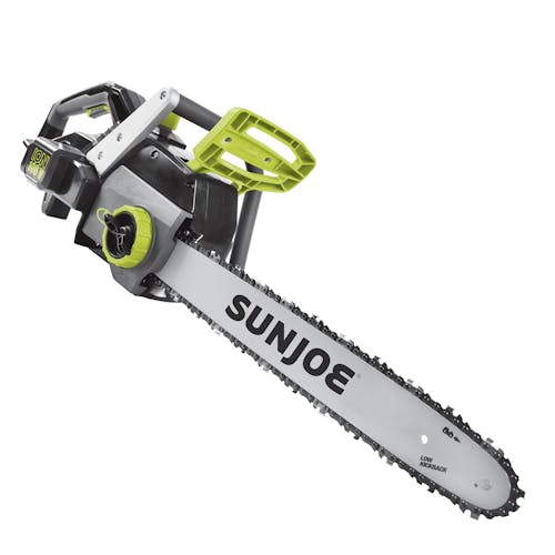 Left-angled view of the Sun Joe 100-volt 18-inch Cordless Brushless Handheld Chainsaw.