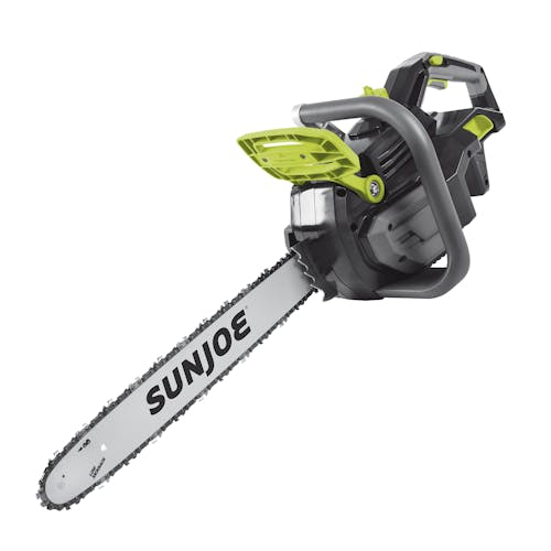 Right-angled view of the Sun Joe 100-volt 18-inch Cordless Brushless Handheld Chainsaw.
