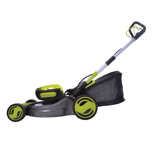 Side view of the Sun Joe 100-Volt 21-inch cordless Lawn Mower.
