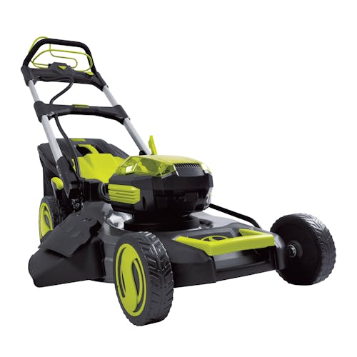 Angled view of the Sun Joe 100-Volt 21-inch cordless Lawn Mower.