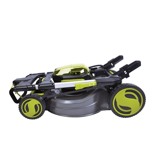Side view of the Sun Joe 100-Volt 21-inch cordless Lawn Mower with the handle folded down.