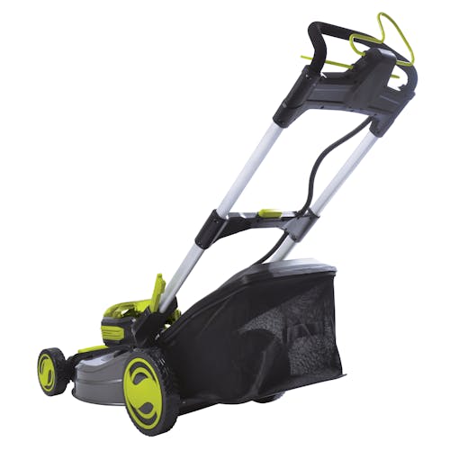 Rear-angled view of the Sun Joe 100-Volt 21-inch cordless Lawn Mower.