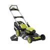 Sun Joe 100-Volt 21-inch cordless Lawn Mower with the discharge chute next to it.