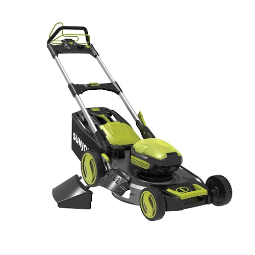 Sun Joe 100-Volt 21-inch cordless Lawn Mower with the discharge chute next to it.