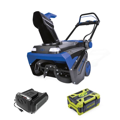 Snow Joe 100-volt 21-inch Cordless Brushless Variable Speed Single Stage Snow Blower Kit with a 5.0-Ah battery and charger.