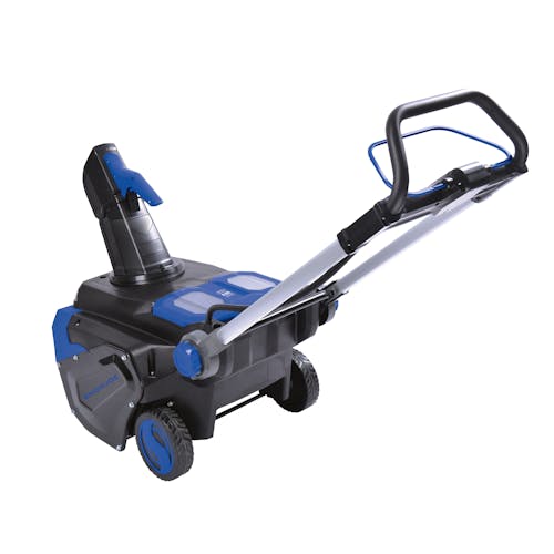 Rear-angled view of the Snow Joe 100-volt 21-inch Cordless Brushless Variable Speed Single Stage Snow Blower Kit.
