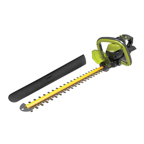 Sun Joe 100-volt 24-inch Cordless Handheld Hedge Trimmer Kit with the blade cover.