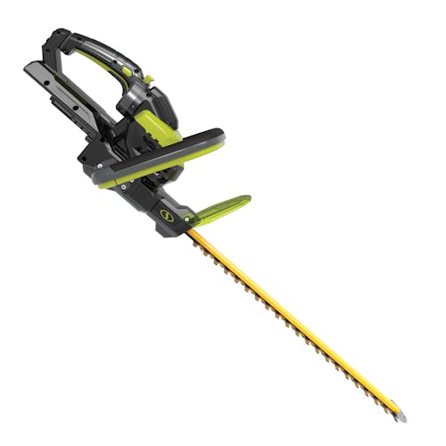 Side view of the Sun Joe 100-volt 24-inch Cordless Handheld Hedge Trimmer Kit.