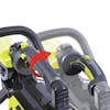 Close-up of the the handle on the Sun Joe 100-volt 24-inch Cordless Handheld Hedge Trimmer Kit with an arrow showing you can adjust it.