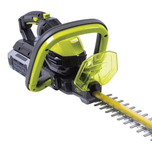 Close-up of the handle on the Sun Joe 100-volt 24-inch Cordless Handheld Hedge Trimmer Kit.