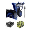 Snow Joe 100-volt 24-inch Cordless Dual-Stage Snow Blower with two 5.0-Ah batteries, a charger, and snow clean-out tool.