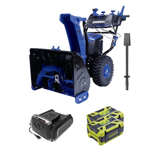 Snow Joe 100-volt 24-inch Cordless Dual-Stage Snow Blower with two 5.0-Ah batteries, a charger, and snow clean-out tool.