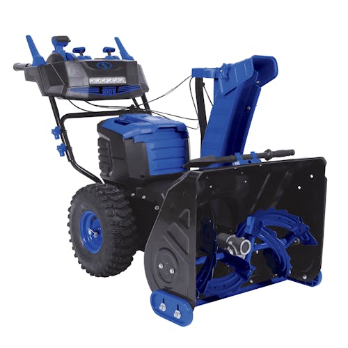 Angled view of the Snow Joe 100-volt 24-inch Cordless Dual-Stage Snow Blower.