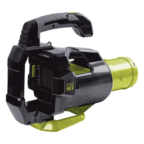 Rear-angled view of the Sun Joe 100-volt Cordless Turbo Jet Fan Blower without the blower tube.