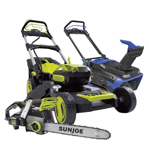 Sun Joe 100-Volt 21-inch cordless Lawn Mower with an 18-inch cordless chainsaw, and a 21-inch cordless single stage snow blower.
