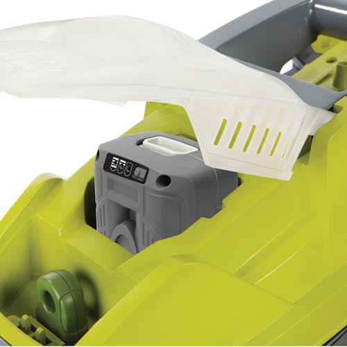 Close-up of the battery compartment on the Sun Joe 40-volt 16-inch Cordless Brushless Lawn Mower Kit.