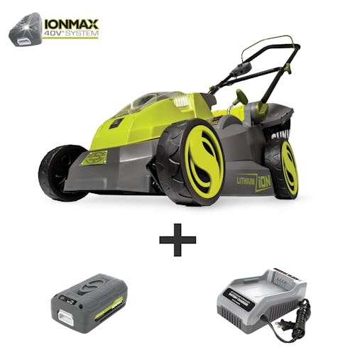 Sun Joe 40-volt 16-inch Cordless Brushless Lawn Mower Kit with a 4.0-Ah battery and charger.