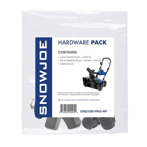Packaging for the hardware pack, containing handle knob, chute deflector knob, bolts, washers, and cable clips.