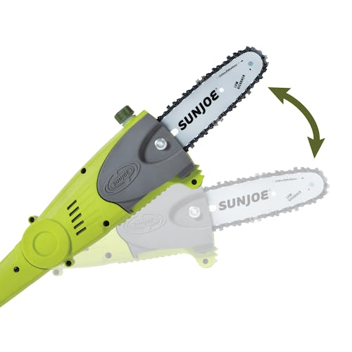 Sun Joe 40-volt 8-inch Cordless Multi-Angle Pole Chain Saw Kit with motion blue showing the pivot head.