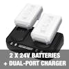 Two 24-volt 2.0-Ah lithium-ion batteries and dual-port charger.