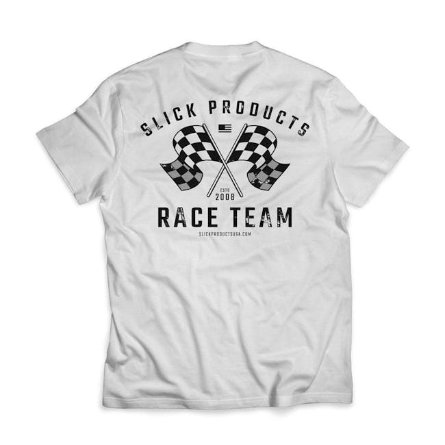 Slick Products White Race Team Tee. The brand name, year established, website, and racing flags are on the back.