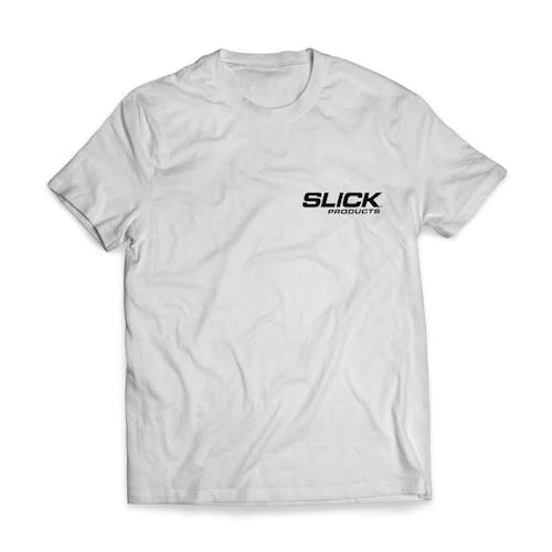 Slick Products White Race Team Tee. The brand name is in the pocket area on the front.