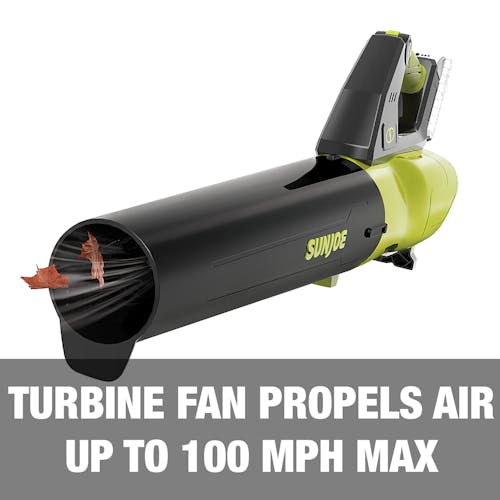 Turbine fan propels air up to 100 mph max.