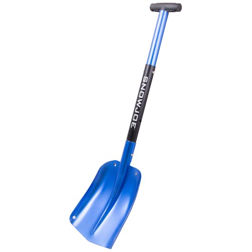 Angled view of the Snow Joe 32-inch blue Aluminum Compact Utility Shovel.