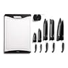 EatNeat 12-Piece Black Kitchen Knife Set with 5 knives and blade covers, a cutting board, and knife sharpener.