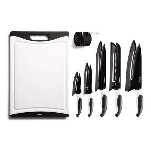EatNeat 12-Piece Black Kitchen Knife Set with 5 knives and blade covers, a cutting board, and knife sharpener.
