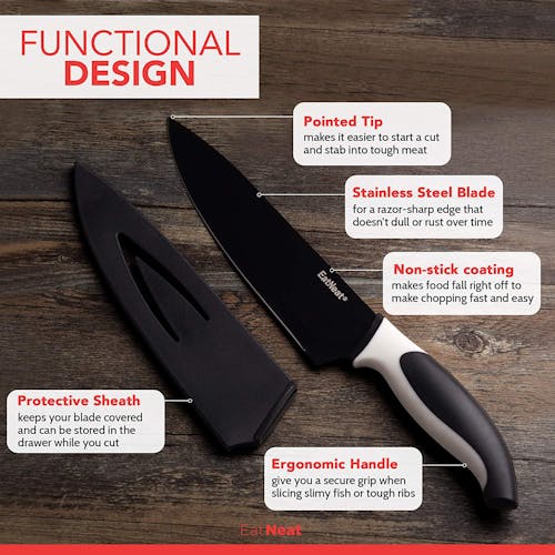 Infographic for the chefs knife showing its functional design: pointed tip, stainless steel blade, non-stick coating, ergonomic handle, and protective sheath.