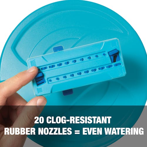 20 clog-resistant rubber nozzles equals even watering.