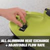 All-aluminum heat exchange and adjustable flow rate.