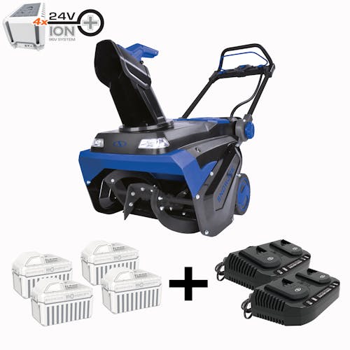 Snow Joe 96-volt cordless 21-inch snow blower plus 4 12.0-ah batteries and 2 dual port chargers.