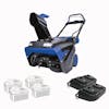 Snow Joe 96-volt cordless 21-inch snow blower with 4 12.0-ah batteries and 2 dual port chargers.