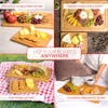 Infographic for the EatNeat Set of 2 Authentic Bamboo Cutting Boards showing the uses: delicious charcuterie board, finger food for parties, fun picnic outing, or a luxurious breakfast in bed.