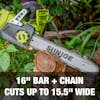16-inch bar and chain cuts up to 15.5-inch wide.