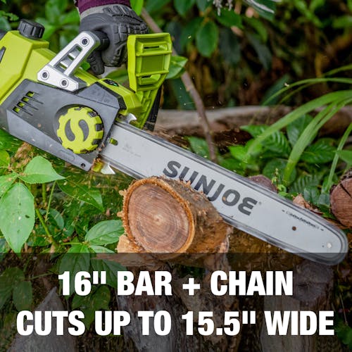 16-inch bar and chain cuts up to 15.5-inch wide.