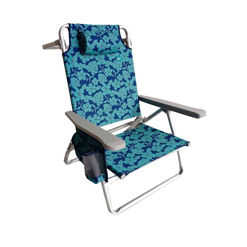 Bliss Hammocks Folding Blue Flower Beach Chair with Towel Rack.