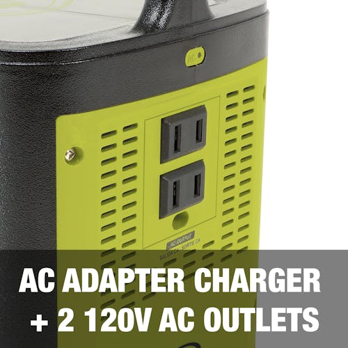 AC adapter charger and 2 120-volt AC outlets.