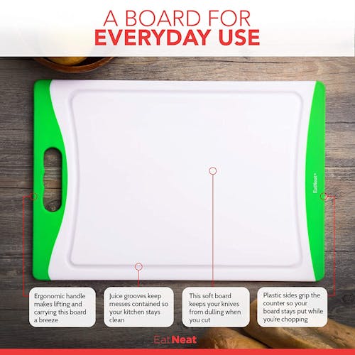 Infographic for the cutting board showing its features: ergonomic handle, juice grooves, soft board, green plastic side grip.