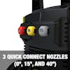 3 quick connect nozzles: 0-degree nozzle, 15-degree nozzle, and a 40-degree nozzle.